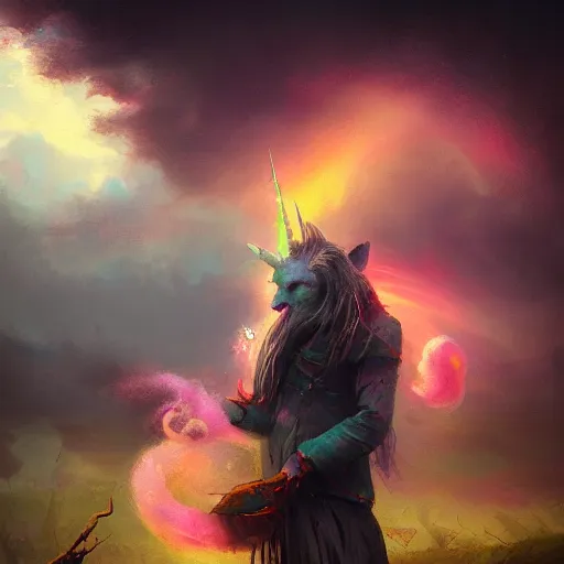 Image similar to Unicorn made of rainbow cotton candy, eerie, emotion, scenery, oil painting, Tooth Wu, Greg Rutkowski, RPG, dynamic lighting, fantasy art, high contrast, depth of field, landscape, scenery