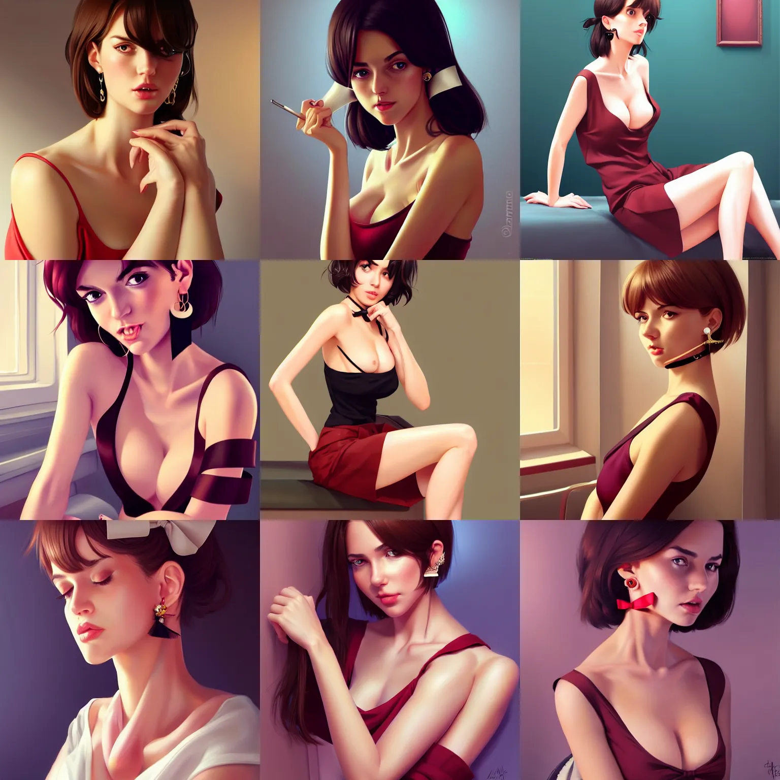 Prompt: sexy girl in a low cut blouse and short skirt, seductive pose!!!, shoulder-length hair, ribbon in her hair, earrings, sitting on a bed. highly detailed, digital painting, in the style of artgerm and ilya kuvshinov, high definition digital art
