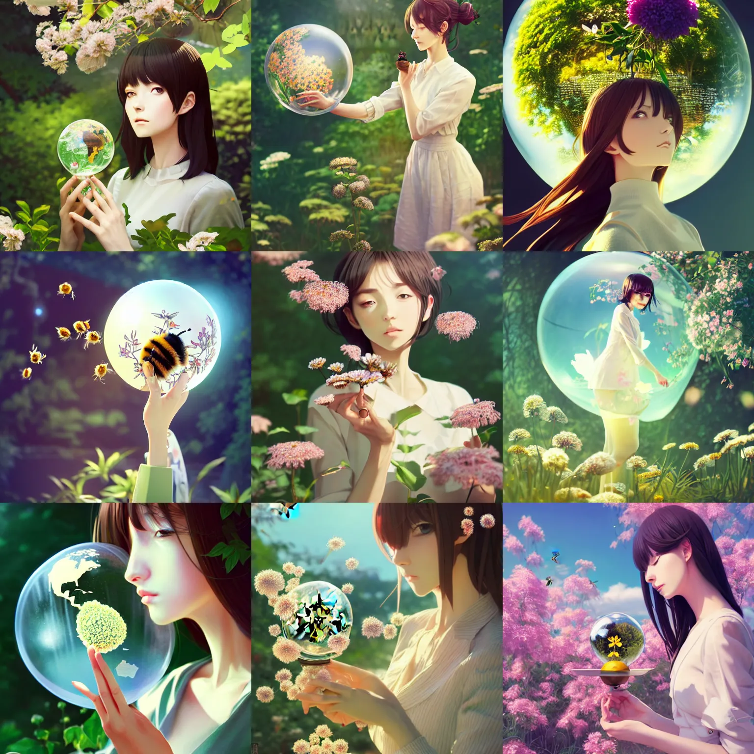 Prompt: elegant woman holding a transparent globe in the garden, flowers and foliage around, there's a bee inside the globe, digital anime art by wlop, medium shot, mid - shot, composition by ilya kuvshinov, lighting by greg rutkowski