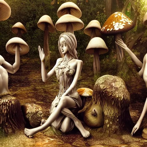 Prompt: mushroom goddess with group of elders, discussing the new season of friends, cynical realism, hiroya oku painterly, yoshitaka amano, chris cunningham, black and white, beautiful lighting, 3 d render, 8 k