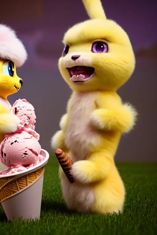 Image similar to high quality 3 d render hyperrealist very cute pastel fluffy! aztec warrior & quetzalcoatl eating giant ice cream, vray smooth, in the style of detective pikachu, hannah yata, very dramatic light, low angle, uhd 8 k, shallow depth or field