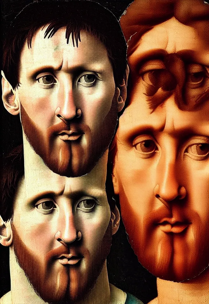 Prompt: “Lionel Messi with his face covered by a cropped out image of a renaissance painting by Michelangelo, art by Clvartspace, full body, photorealistic, grainy, cinematic, album cover aesthetic”