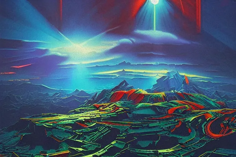 Image similar to despair peak, art by david a. hardy, trending on artstation, iridescent cool blue and cyan and red and blue and yellow and green lighting isometric view steampunk, optical illusion, expressionism, macro, hudson river school