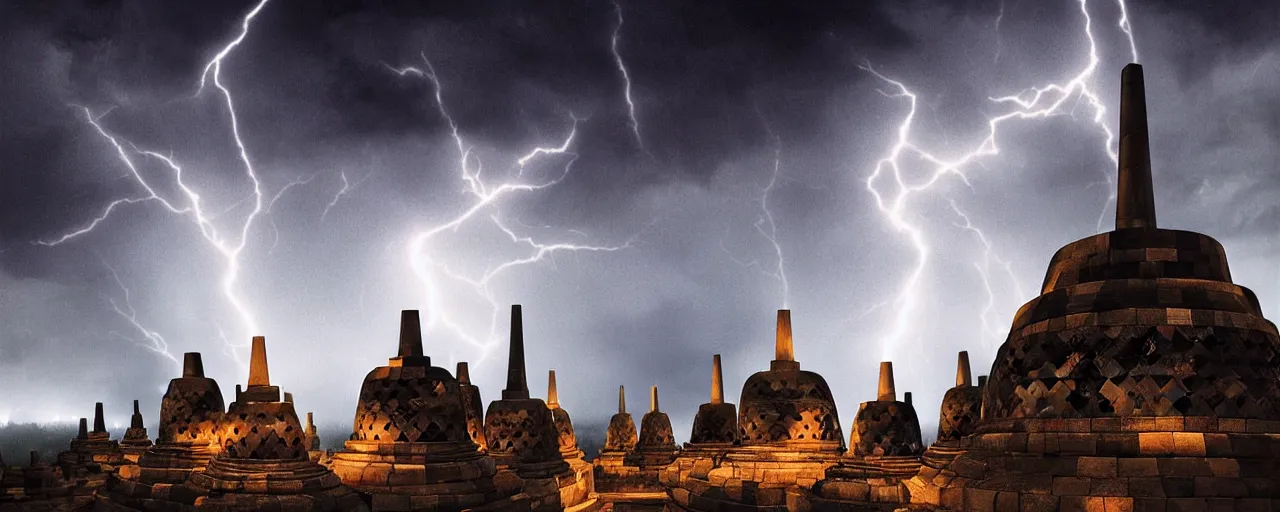 Image similar to most epic dramatic borobudur temple at night picture, eerie stormy night sky and lightnings. night photography. epic cinematic hyperrealism masterpiece. realistic poster with shaded lighting by craig mallismo, artgerm, jeremy lipkin and michael garmash, unreal engine, radiant light, detailed and complex environment, digital art, art station trends