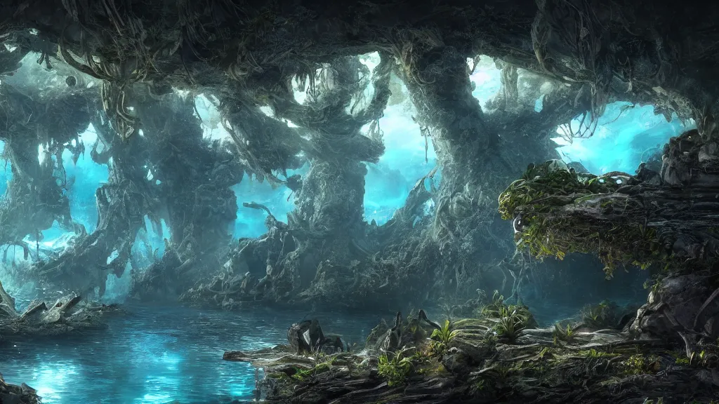 Image similar to an underwater city protected by the roots of an eve tree, fantasy artwork, very very very beautiful scenery, hd, hdr, ue5, ue6, unreal engine 5, cinematic 4k wallpaper, 8k, ultra detailed, high resolution, artstation, award winning