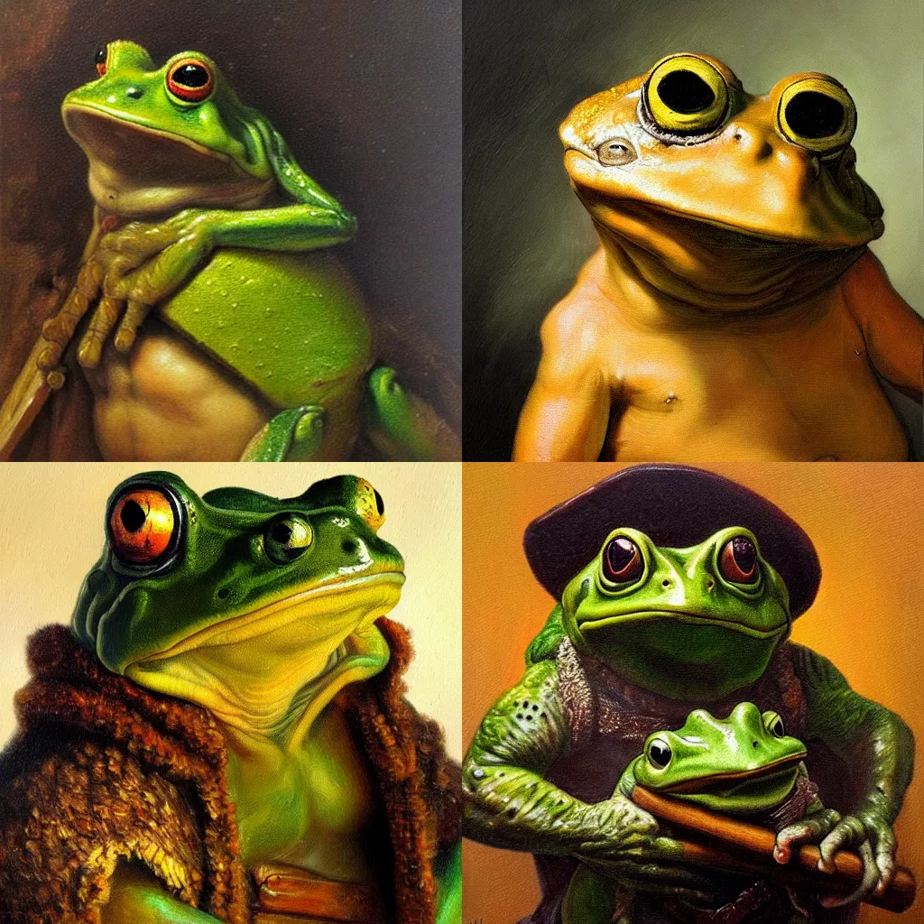 Prompt: subject: barbarian frog , style: very detailed heavy textured rembrandt oil painting with dramatic light , very sharp detail