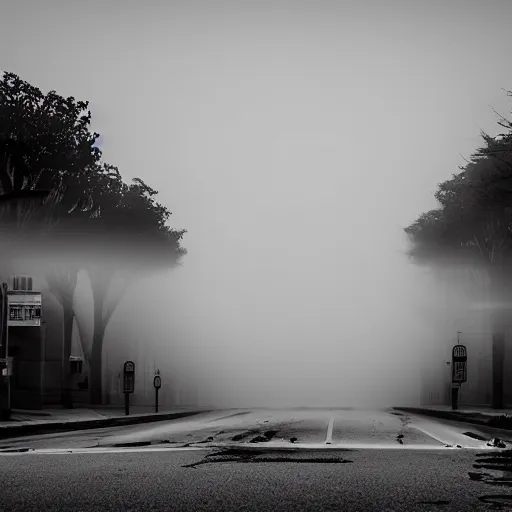 Image similar to empty streets of the void, real photography, black and white, foggy