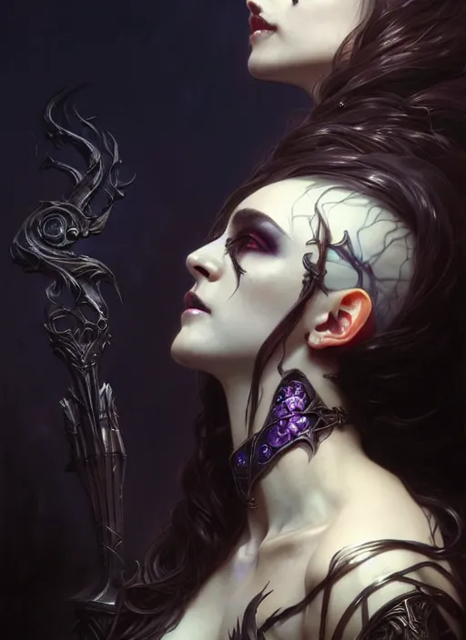 Image similar to a beautiful cinematic female Necromancer Sorceress goddess of death, fantasy magic, undercut hairstyle, dark light night, intricate, elegant, sharp focus, illustration, highly detailed, digital painting, concept art, matte, art by WLOP and Artgerm and Greg Rutkowski and Alphonse Mucha, masterpiece