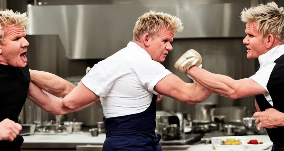 Image similar to photo of angry furious Gordon Ramsay punching Gordon Ramsay at the kitchen