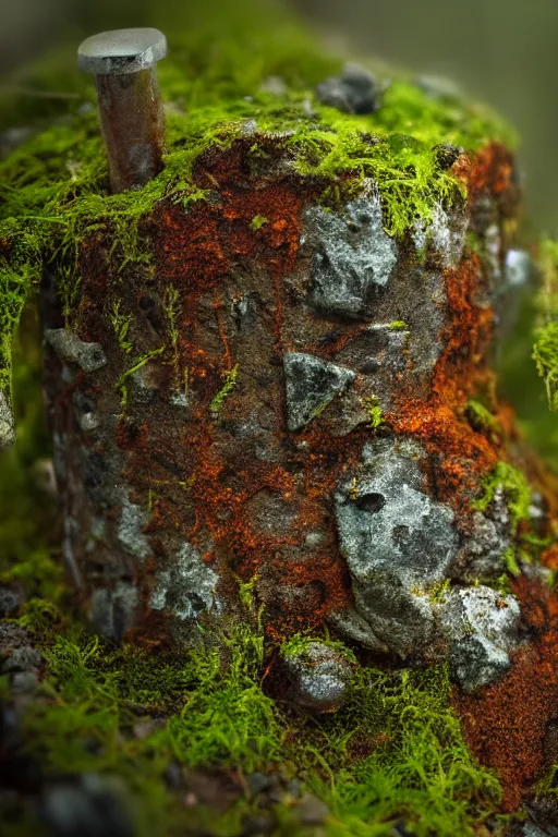 Image similar to a portrait of a rusty longsword protruding from a rock, fantasy setting, rust and corrosion, moss and vegetation, ancient forest, excalibur, close - up, intricate details, intricately detailed textures, warm lighting, vivid colors, smoke and mist, hyper realistic octane render, volumetric shading, depth of field, raytracing, 8 k,