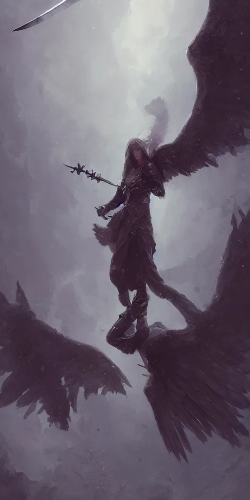 Image similar to Fallen angel holding a sword, artstation, detailed, dark fantasy, digital art, beautiful composition, masterpiece by Greg Rutkowski