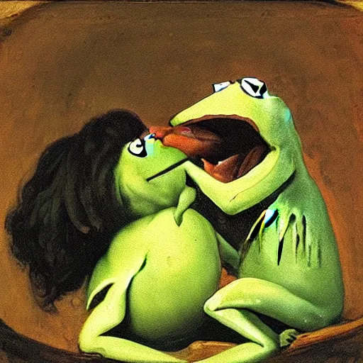 Prompt: “Kermit the Frog Devouring His Son” by Francisco Goya, in the style of “Saturn Devouring His Son”, fresco, horror