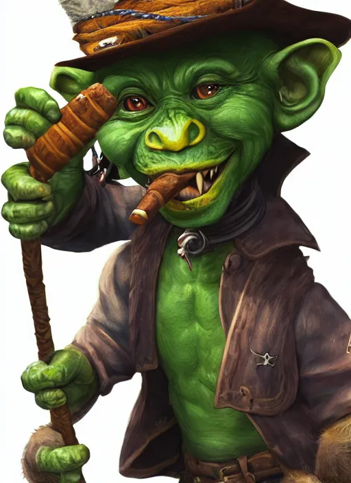 Image similar to pathfinder 2 e bestiary illustration of a protagonist goblin mixed with a monkey smoking a cigar, pirate themed, character portrait, unreal engine, hyper realism, realistic shading, cinematic composition, realistic render, octane render, detailed textures, studio lighting, photorealistic, wide shot