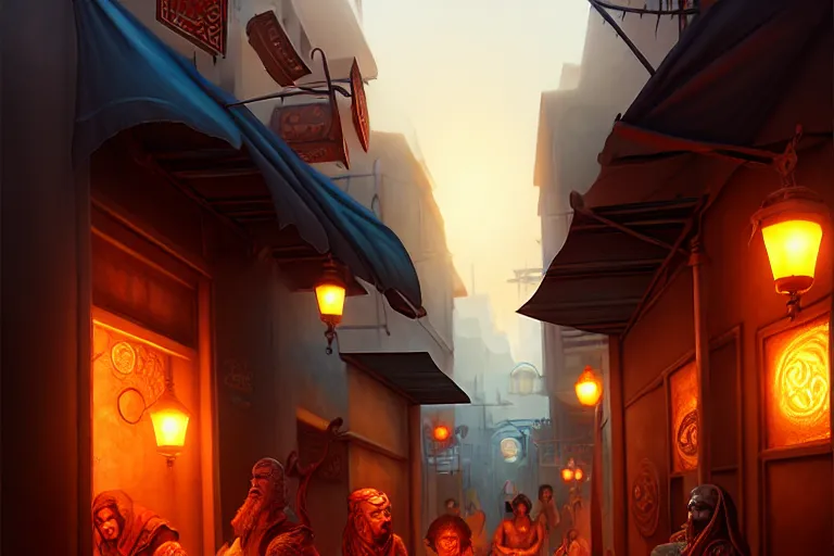 Image similar to a bazaar street in the city of tyr from athas, amazing dark sun digital painting, by gerald brom, brom digital art, intricate details, ultra realistic, beautiful art, volumetric lighting, warm colors advance cool colors recede, by brom, trending cgsociety, artstation, rim lighting, 8 k