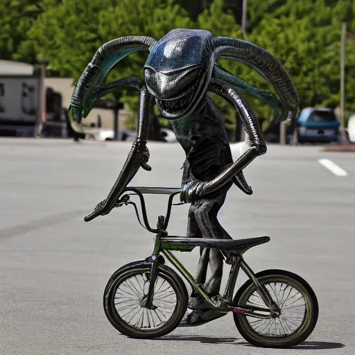 Prompt: alien riding a bmx, photograph