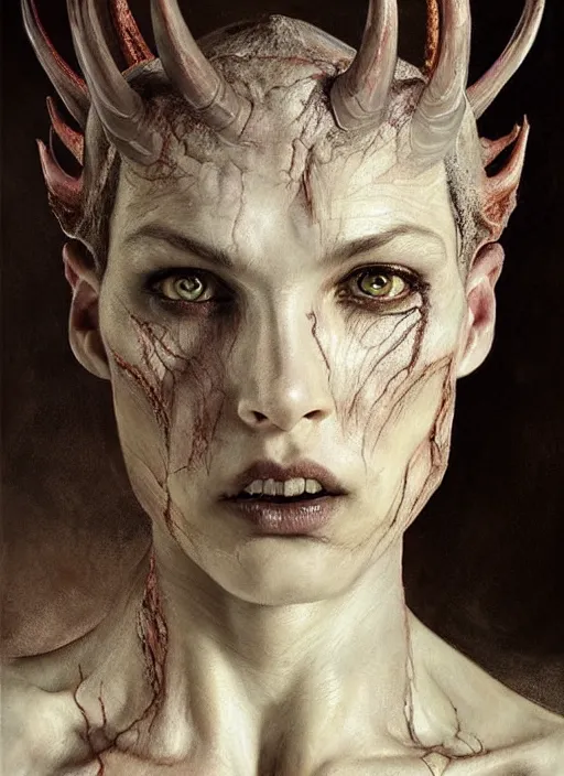 Prompt: half demon half human intricate skin pattern texture, elegant, peaceful, full body, white horns, hyper realistic, extremely detailed, dnd character art portrait, fantasy art, intricate fantasy painting, dramatic lighting, vivid colors, deviant art, artstation, by edgar maxence and caravaggio and michael whelan and delacroix.