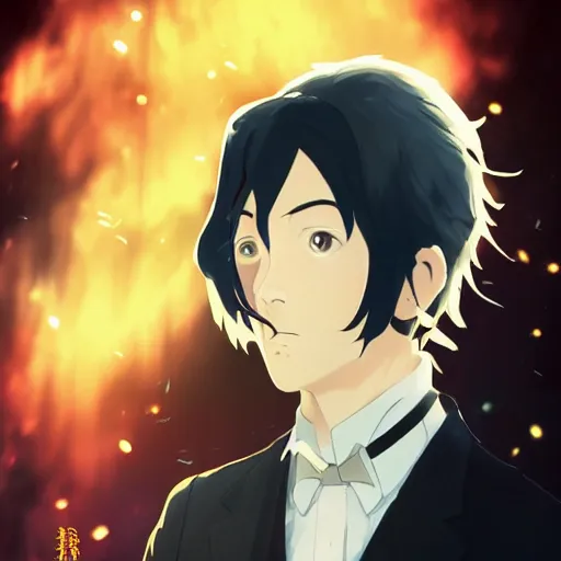 Image similar to high quality portrait of edgar poe. art by makoto shinkai, crunchyroll, pixiv, danbooru, hd, headshot, cinematic still, detailed anime face, bokeh, digital art, cel shading, vivid colors, ambient lighting