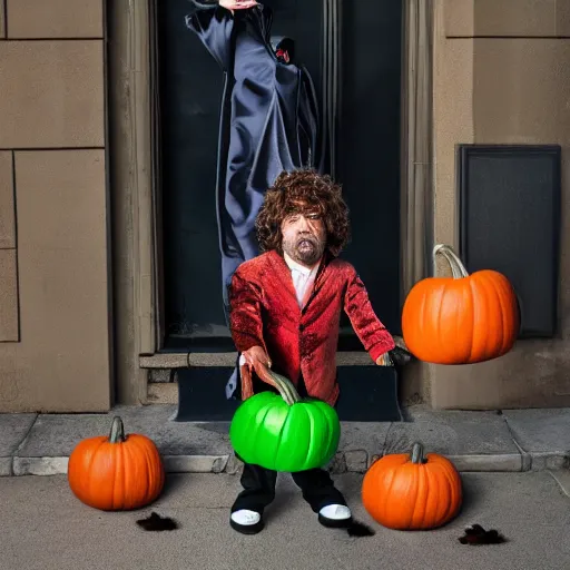 Image similar to peter dinklage trick or treating on halloween, ( sony a 7 r iv, symmetric balance, polarizing filter, photolab, lightroom, 4 k, dolby vision, photography awardm, voque, perfect face )