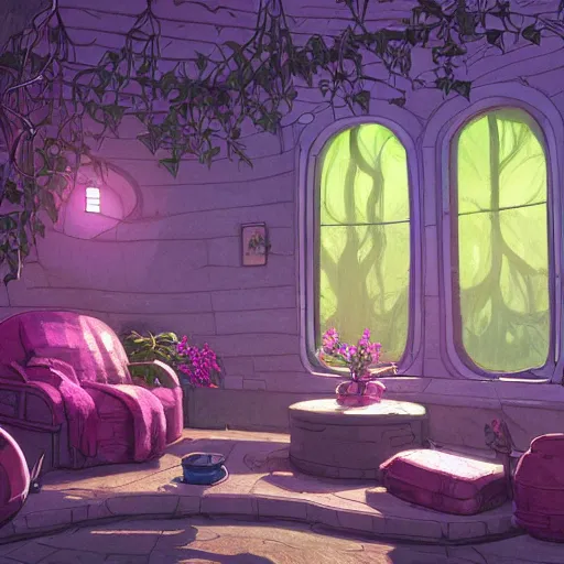 Image similar to concept art painting of a interior of a cozy alien fantasy cottage, with black vines and magenta houseplants, round windows, realistic, detailed, cel shaded, dark, in the style of makoto shinkai and greg rutkowski and james gurney