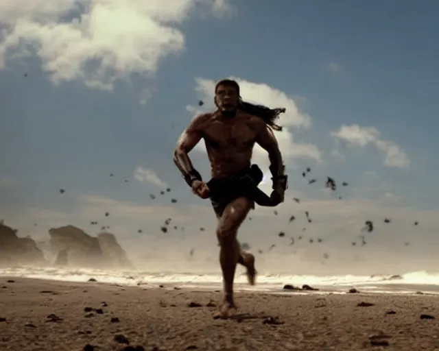 Image similar to single spartan running on australian beach, epic award winning action cinematic still from the movie 3 0 0