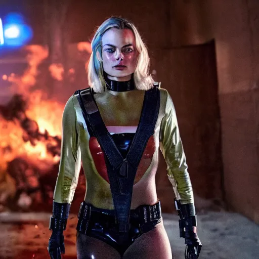 Image similar to Margot Robbie in a Michael Bay movie, cinematic 4k movie still