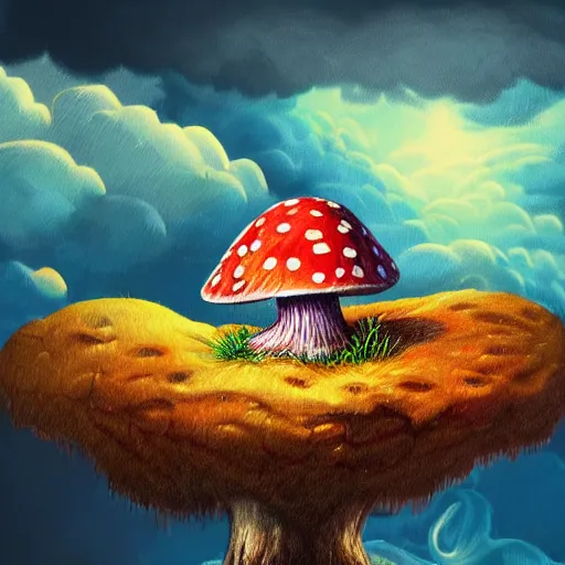 Image similar to trippy angry mushroom eat a meat, acrilic paint, digital, artstation, detailed intricate ink illustration, heavenly atmosphere, digital art, overdetailed art, concept art, complementing colors, trending on artstation, cgstudio, the most beautiful image ever created, dramatic, subtle, details, award winning artwork, beautiful scenery