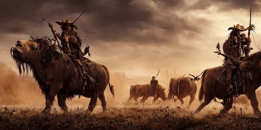 Image similar to wood punk, motorized indians attacking bisons, action scene, an epic western, dramatic lighting, cinematic, establishing shot, extremely high detail, photorealistic, cinematic lighting, artstation, octane render, old photo, buffalo hunt movie, alpha movie, western, ultra sharp, clean symmetrical faces, high detail, intricate,hypermaximalist,hyper realism