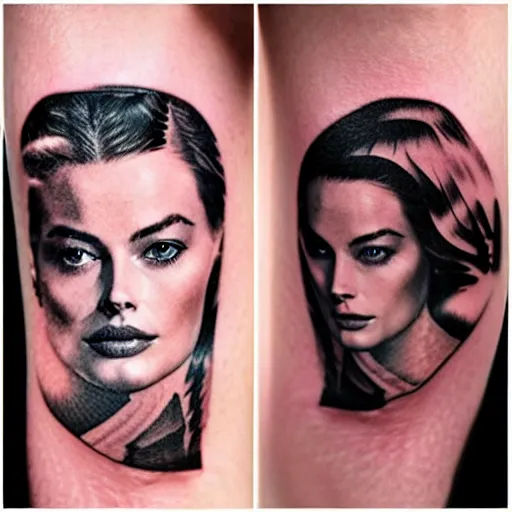 Image similar to double exposure tattoo design sketch of beautiful mountain scenery as margot robbie face, in the style of matteo pasqualin, amazing detail