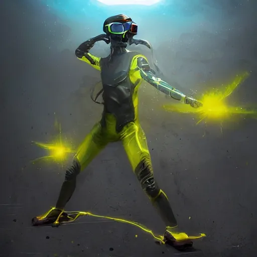 Prompt: Thin smooth transparent ethearal Sci-fi yellow Lightning elemental wearing red high-tech goggles shifting in and out of reality, heroic pose, full body, illustration, epic concept art, dark sci-fi background, action scene, dramatic artwork, surreal, flying, lightning, by Greg Rutkowski and Peter Elson
