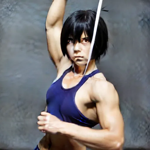 Prompt: mikasa ackerman doing pullups, sweating, sharp eyes