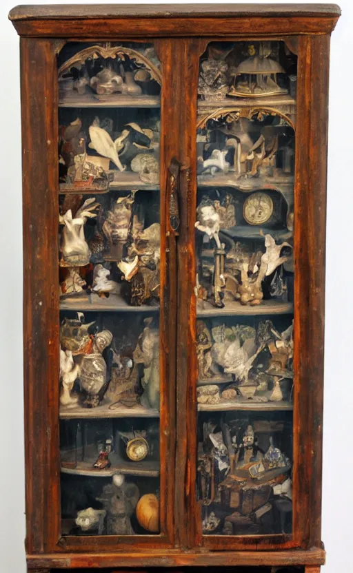 Prompt: wooden vintage cabinet of curiosities, matte painting, oil on canvas