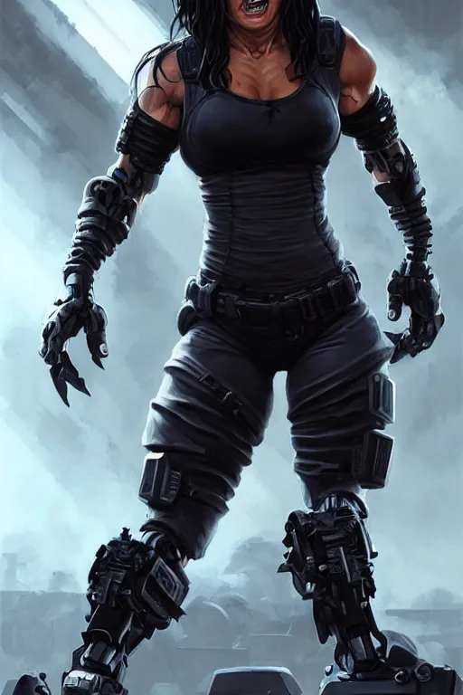 Image similar to gina carano as an ork with robotic left arm, casual black clothing, muscular, realistic proportions, casual pose, large portrait, sci - fi, shadowrun, rpg character, digital painting, artstation, concept art, smooth, 8 k frostbite 3 engine, ultra detailed, art by artgerm and greg rutkowski and magali villeneuve