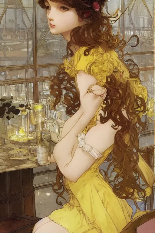 Image similar to A girl in a maid's outfit in a cafe a afternoon, wavy hair yellow theme,S line,45 angel by mucha and range murata and greg rutkowski
