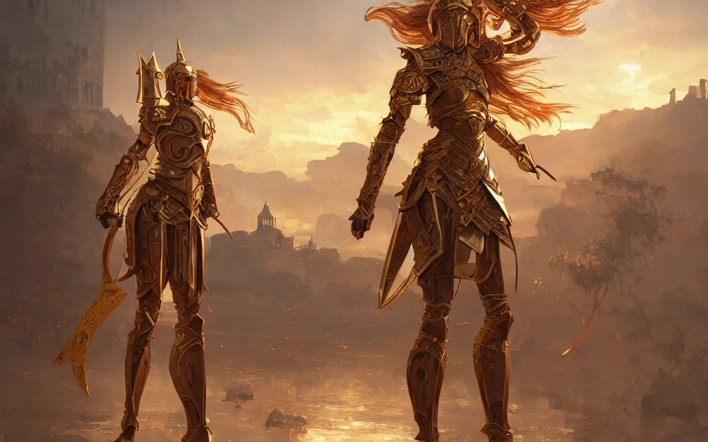 Image similar to knights of zodiac girl, golden and copper armor, armor knight fighting cinematic shot, in ruined agora of athens sunrise, ssci - fi and fantasy, intricate and very very beautiful and elegant, highly detailed, digital painting, artstation, concept art, smooth and sharp focus, illustration, art by tian zi and wlop and alphonse mucha