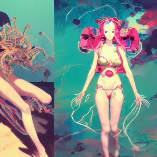 Image similar to surreal gouache painting, by yoshitaka amano, by ruan jia, by conrad roset, by kilian eng, by good smile company, detailed anime 3 d render of a pretty anime girl in bikini, portrait, cgsociety, artstation, modular patterned mechanical costume and headpiece, retrowave atmosphere