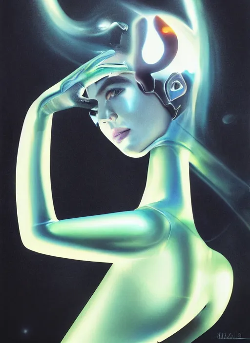 Image similar to futuristic lasers tracing, colorsmoke, fullbodysuit, pyramid hoodvisor, raindrops, wet, oiled, beautiful cyborg girl aphrodite pinup, by steven meisel, kaws, rolf armstrong, hannah af klint perfect geometry abstract acrylic, octane hyperrealism photorealistic airbrush collage painting, monochrome, neon fluorescent colors, minimalist rule of thirds, eighties eros