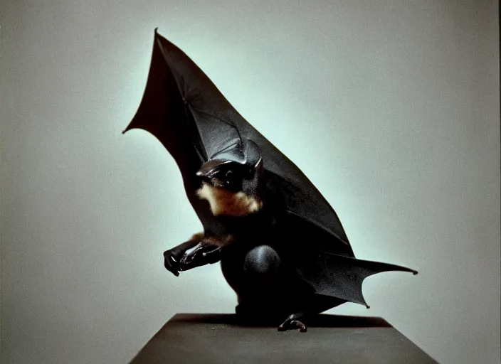 Prompt: a long shot, color studio photographic portrait of a bat eating bananas, dramatic backlighting, 1 9 9 3 photo from life magazine,