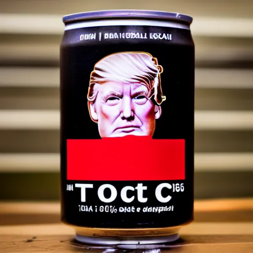 Image similar to a dslr photograph of a can of diet coke with donald trump's face on it, 8 5 mm f 2