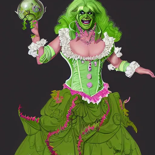 Image similar to d&d character artwork of an orc drag queen (a male orc in frilly women\'s clothing, orc has green skin) who is wearing a very girly prissy frilly rococo ballgown outfit and a huge rococo powdered wig, rococo fashion, drag, girly, fabulous, D&D, fantasy, highly detailed, digital painting, artstation, smooth, sharp focus, illustration, art by artgerm and greg rutkowski and alphonse mucha