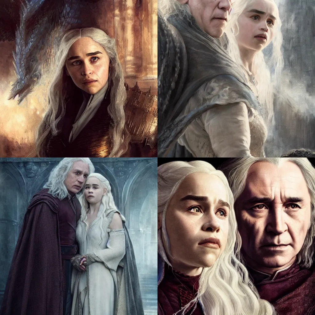 Prompt: emilia clarke as daenerys targaryen with severus snape in hogwarts, highly detailed, sharp focus, digital art, defined facial features, symmetrical facial features, art by gaston bussiere and greg rutkowski
