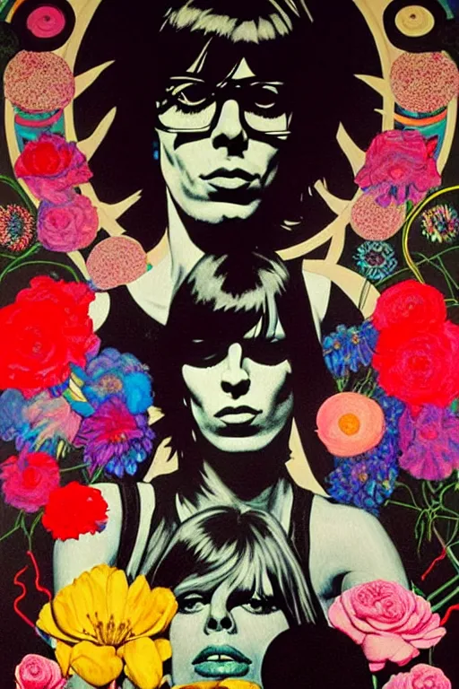 Image similar to the velvet underground and nico playing live on stage at a night club, nico in the center of stage, beautiful stage decoration with flowers in the background, painting by james jean and norman rockwell, very detailed and colorful and toned down and ornamental and moody and cool and relaxed and high on drugs, backlight, trending on artstation, behance contest winner