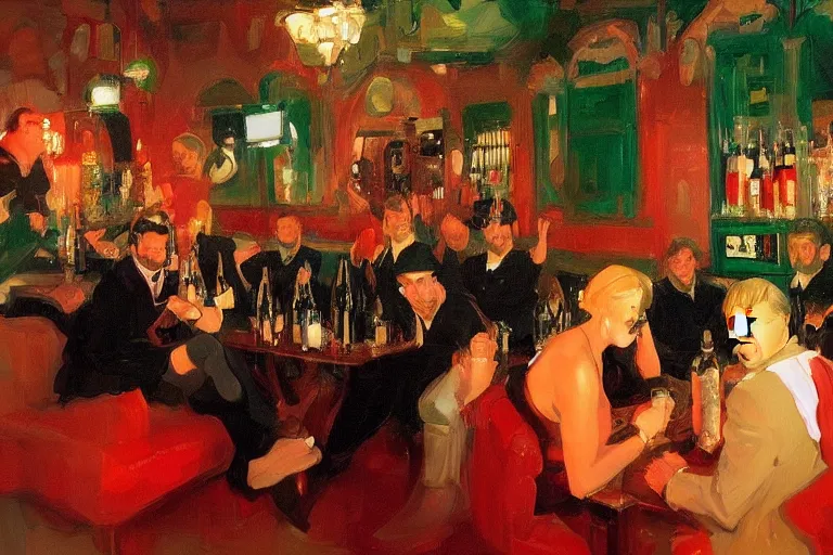 Image similar to glam rockers drinking wine, inside a green saloon with red lights by joaquin sorolla, greg rutkowski, bill sienckiwicz, extremely detailed