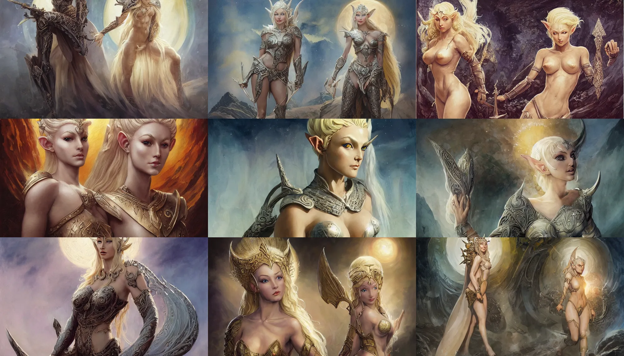 Prompt: A mixed media painting of the beautiful blonde elf goddess of the sun, very aesthetic, curvy, detailed face, elven armor, by Frank Frazetta, Greg Rutkowski, Boris Vallejo, Beeple, Yoko Taro, Christian MacNevin, epic fantasy character art, goddess of anger, viking runes, high fantasy, CGsociety, full length, exquisite detail, post-processing, masterpiece, cinematic, odin's stone arena background