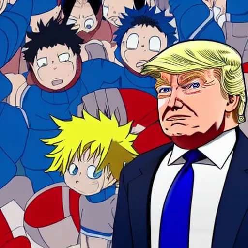 Image similar to donald trump starting in my hero academia ( high detailed, greatly illustrated, good quality, uhd, great render image, 4 k )