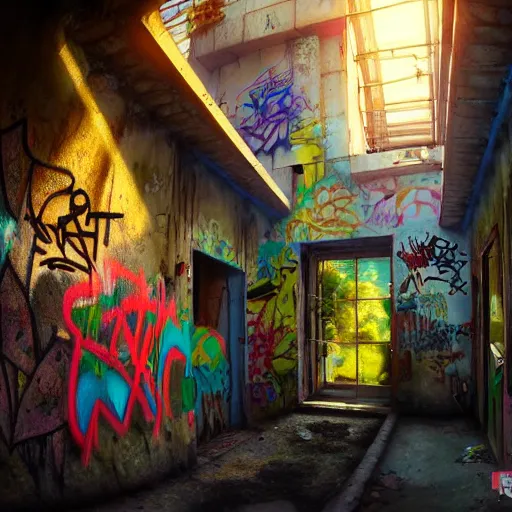 Image similar to breakfast at las pozas, graffiti on a wall, happy mood, cyberpunk, futuristic, technilogy, high detail, golden light, realistic