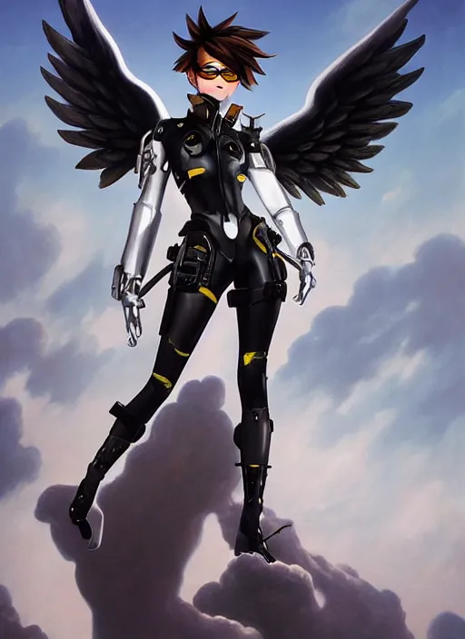 Image similar to full body artwork of tracer overwatch, wearing black latex outfit, in style of zdzisław beksinski, angel wings, dramatic painting, wearing detailed steel collar, black shiny armor, chains, black harness, detailed face and eyes,