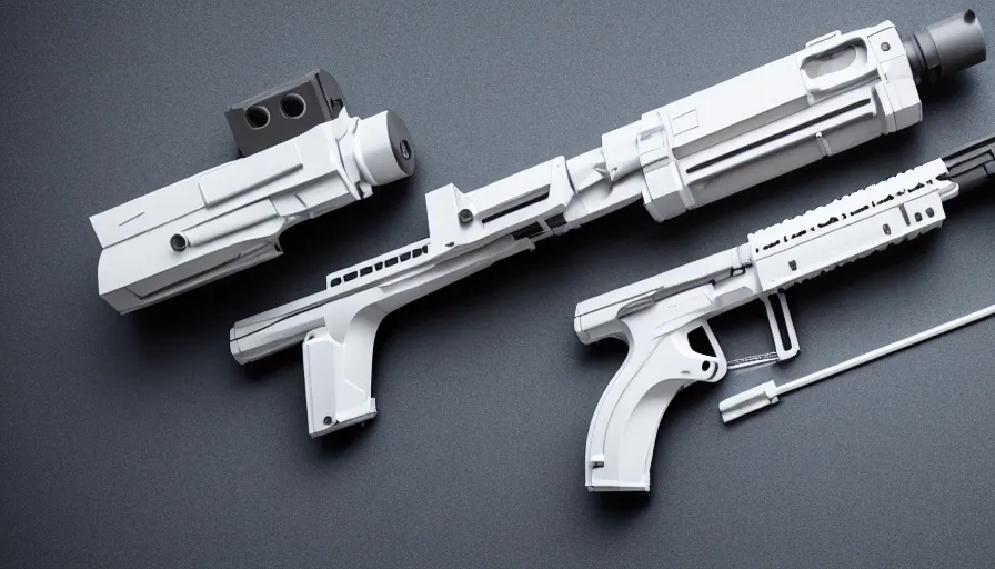 Image similar to extremely detailed ultra realistic side view photo sci fi minimalist coilgun rifle, detailed trigger, chemically propelled, electric, smooth streamline, elegant sleek smooth body, white paint, wires, railgun, chemrail, gauss, smooth utopian design, ultra high quality, octane, cod, destiny, warframe, terminator