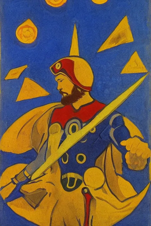 Image similar to thor with hammer, marvel, artwork by nicholas roerich,