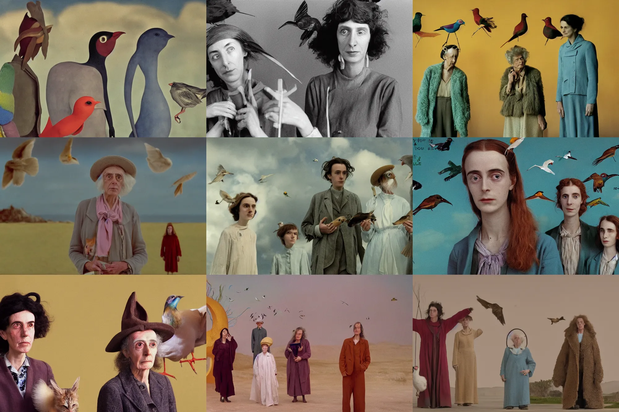 Prompt: non binary future world, sustainable cities in a harmonious coexistence, lou, noa & plume are studying the birds language, super 8 portrait by leonora carrington, derek jarman, barbara hammer 4 k, 8 k, perfect face