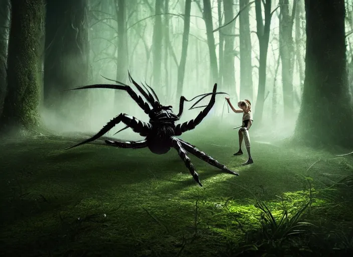 Image similar to knight fights off a giant white spider in a forest. highly detailed 8 k. intricate. lifelike. soft light. fantasy horror style. cinematic post - processing